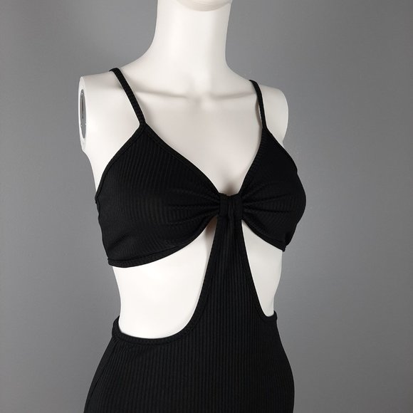 DO MY SELF Womens Jumpsuit Size Large Black Ribbed Knit One Piece Cropped - Picture 2 of 8